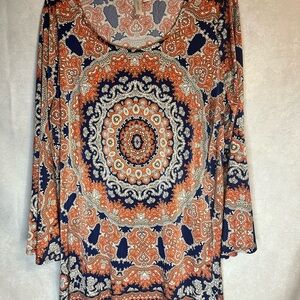 Tacera Orange and Blue Graphic Tunic Blouse 3x